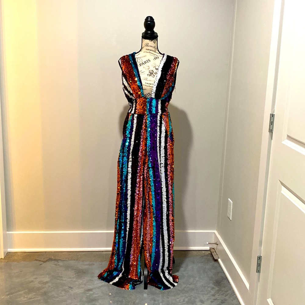 NastyGal Rainbow Sequin Plunge Jumpsuit
